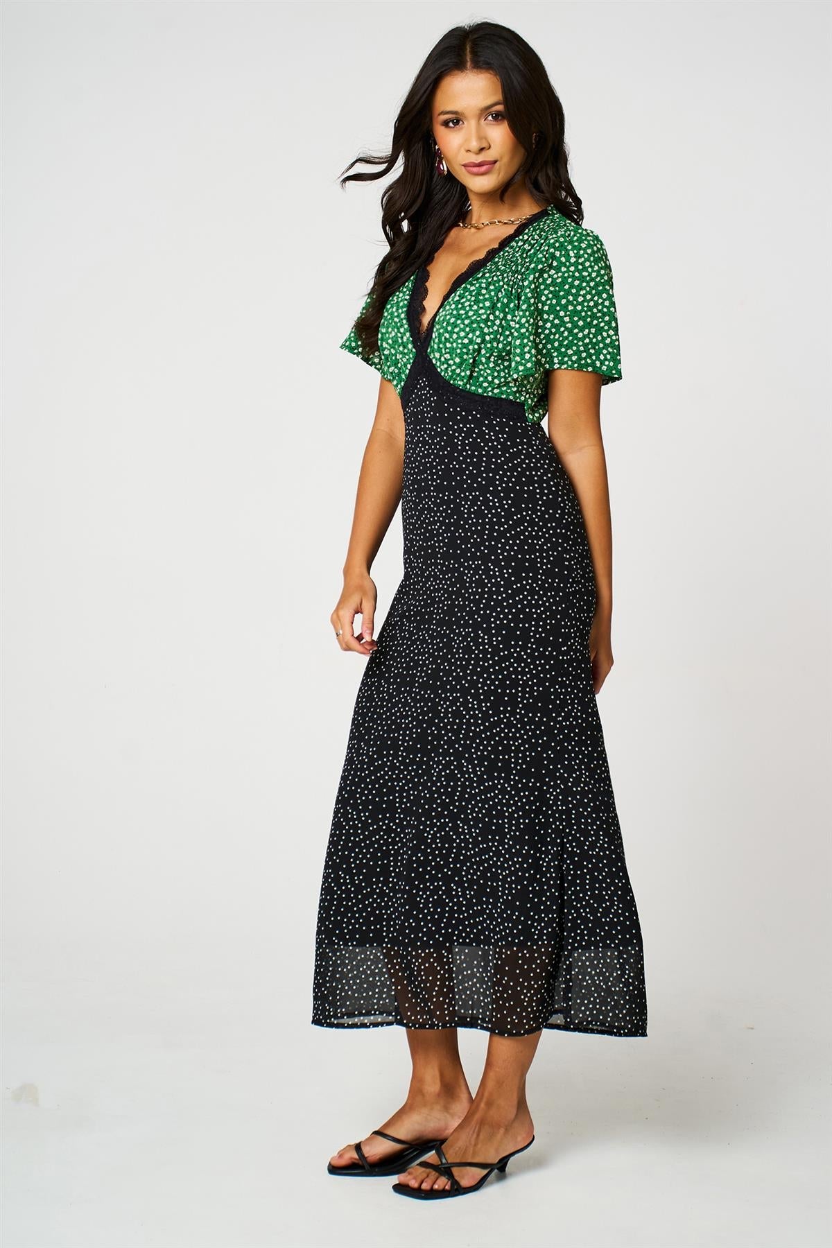 Black & Green Print Angel Sleeve Maxi Dress