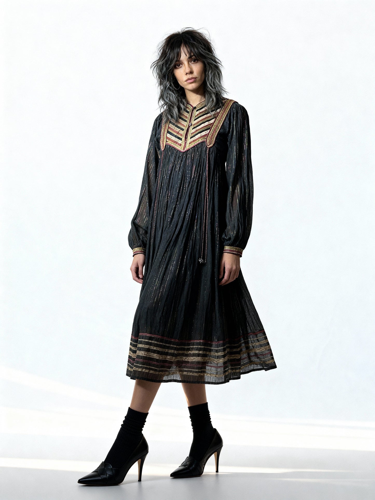 Original Vintage 1970's Black Indian Cotton Boho/Hippie Dress UK 8 - 14