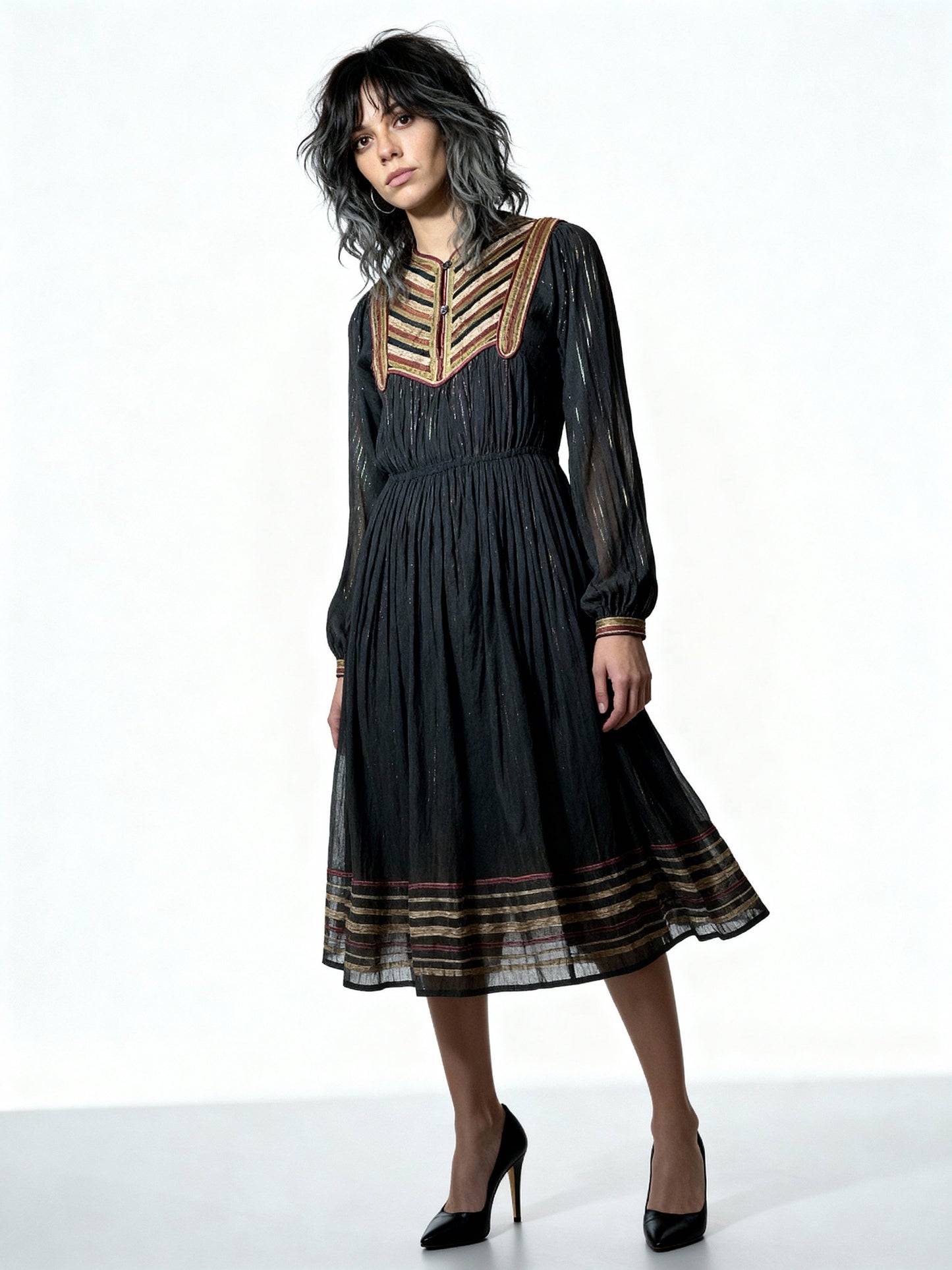 Original Vintage 1970's Black Indian Cotton Boho/Hippie Dress UK 8 - 14