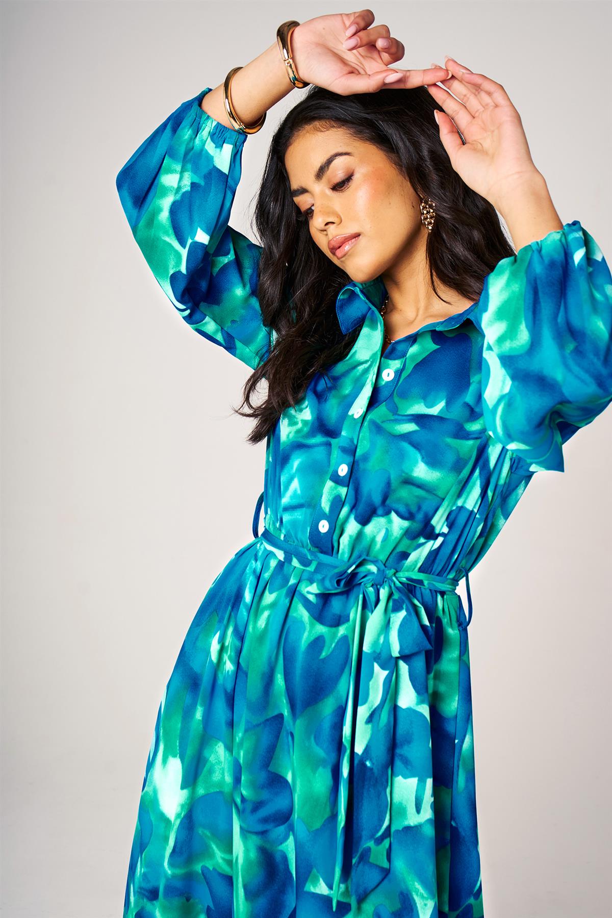 Blue Abstract Print Hem Detail Shirt Midi Dress