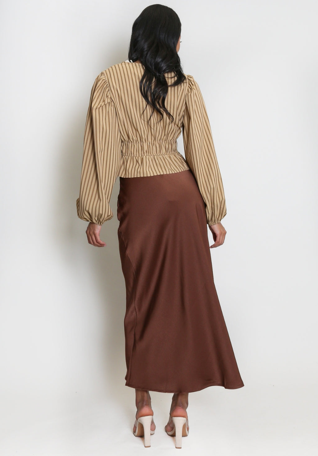 Satin Plush Bias Cut Midi Skirt - Coffee image 3