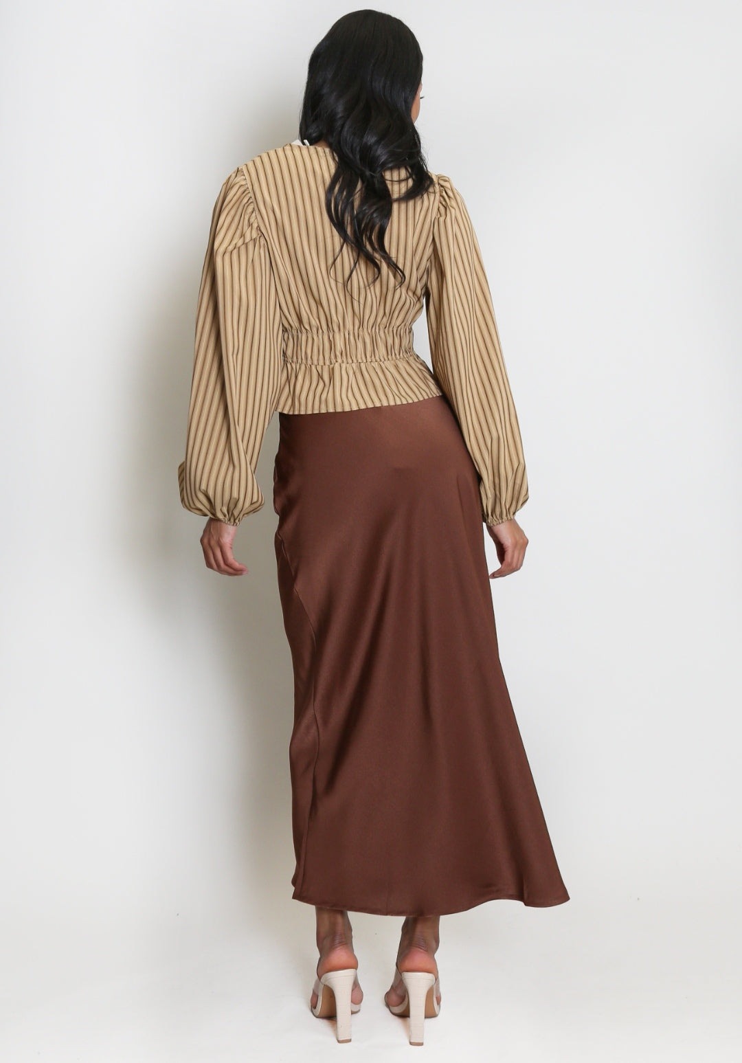 Satin Plush Bias Cut Midi Skirt - Coffee image 3