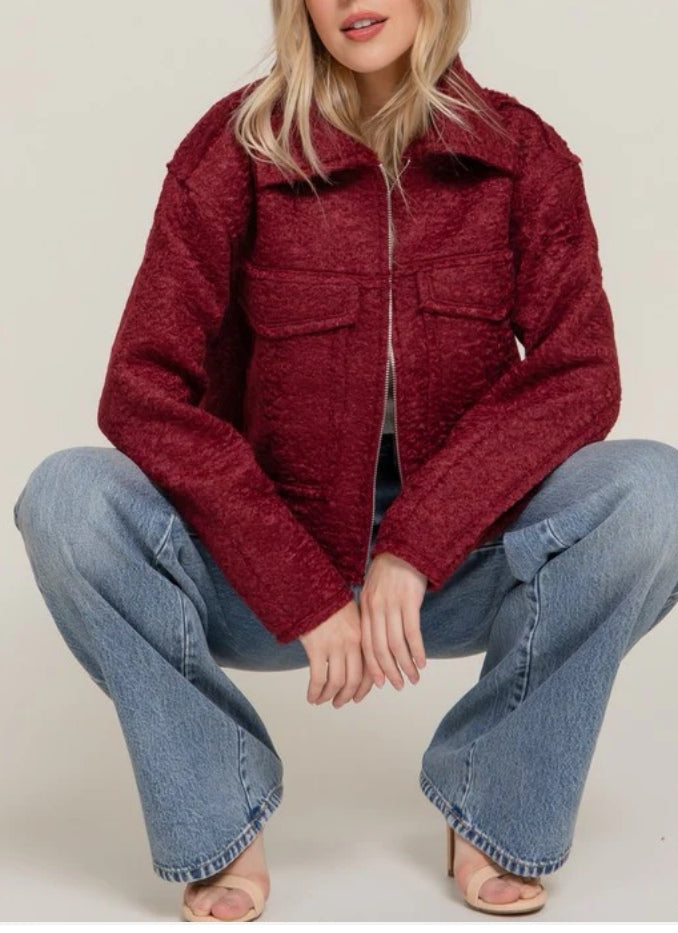 Burgundy Boucle Bomber Jacket image 1