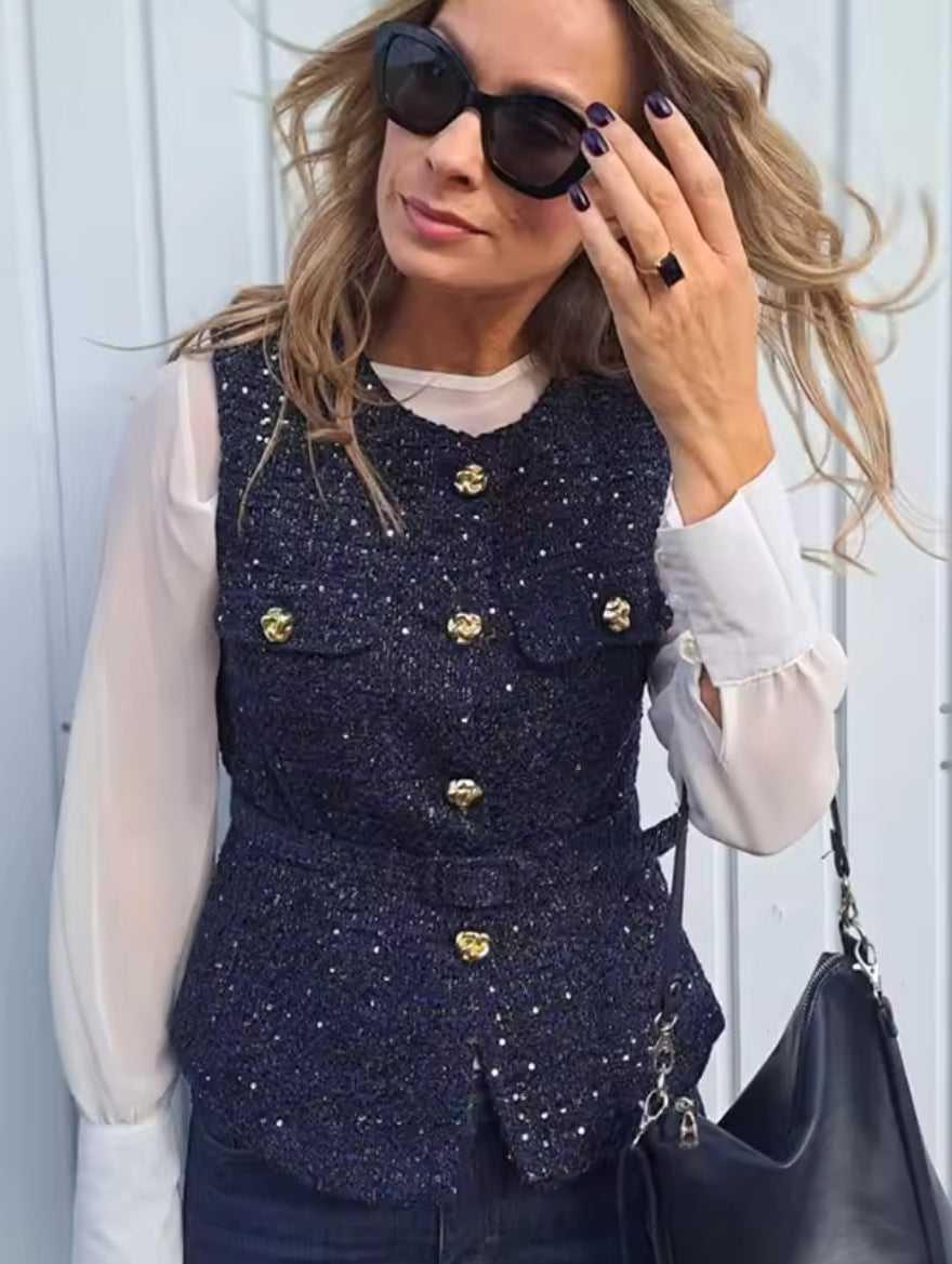 Navy Tweed Embellished Waistcoat image 1