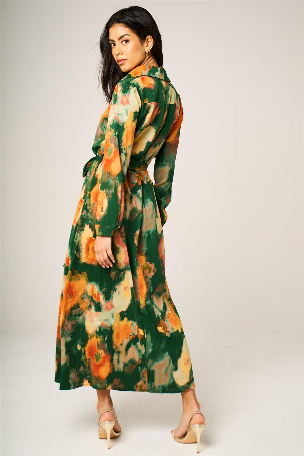 Green Abstract Floral Long Sleeve Belted Shirt Dress