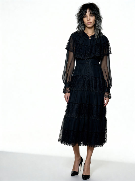 Original 1970's Vintage Black Sheer & Lace Dress UK 12 - 14