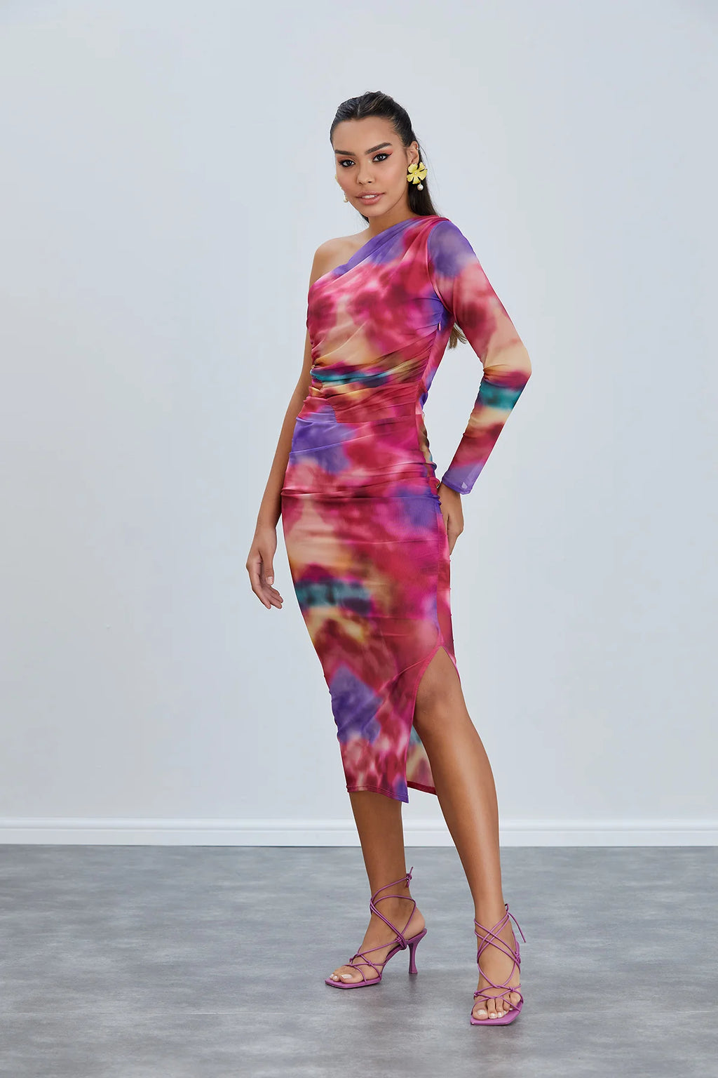 One Shoulder Mesh Dress in Tie-Dye Print - Pink - By Jenerique image 3