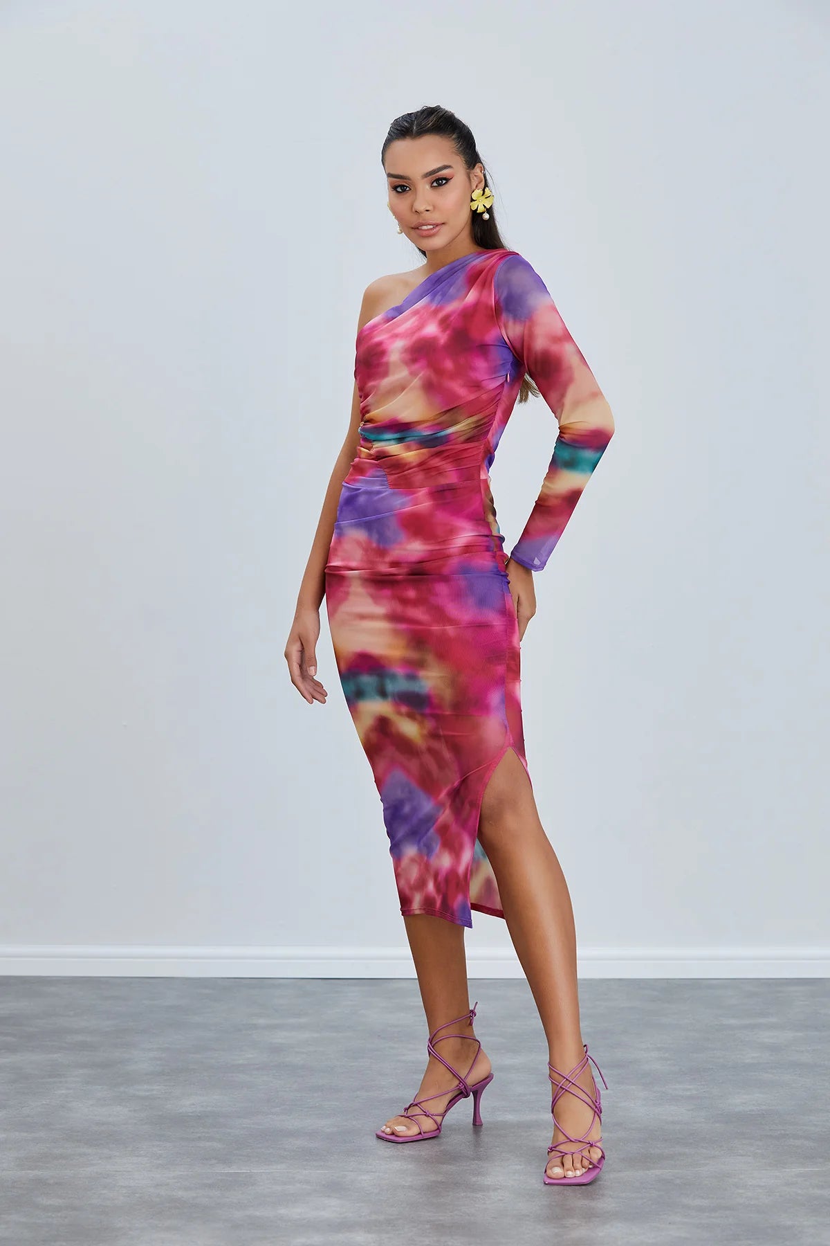 One Shoulder Mesh Dress in Tie-Dye Print - Pink - By Jenerique image 3