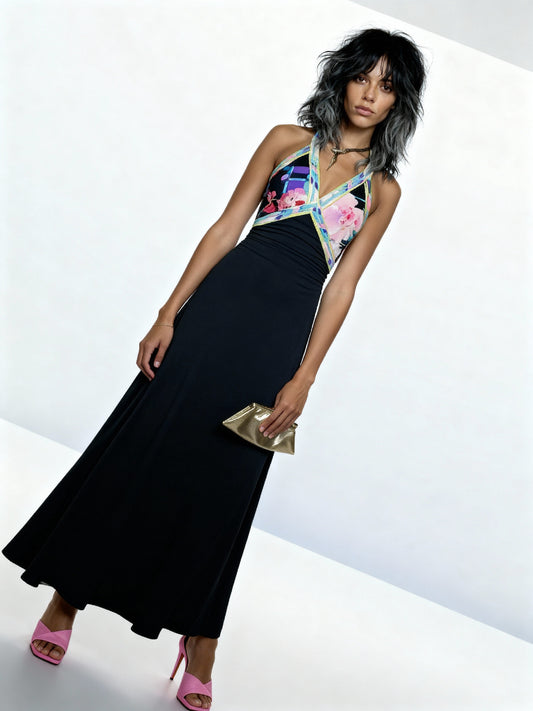 970s Leonard Black Floral Halterneck Dress – UK 8–10