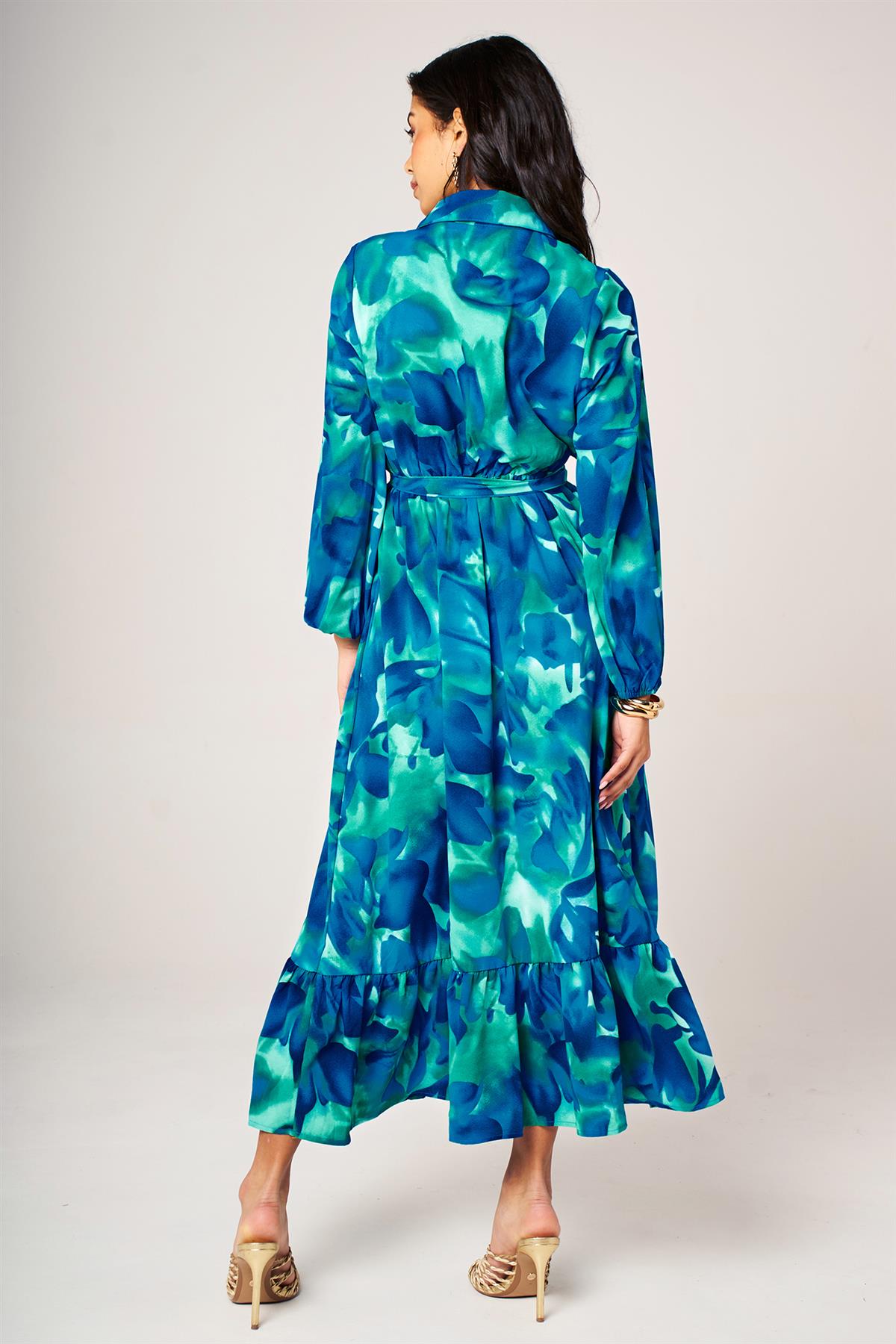 Blue Abstract Print Hem Detail Shirt Midi Dress