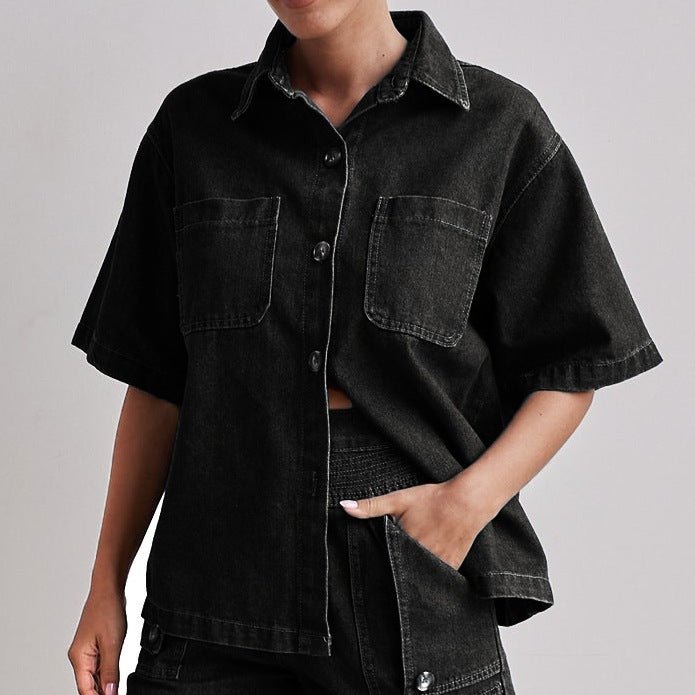 Casual Retro Loose Denim Shirt and Shorts Set