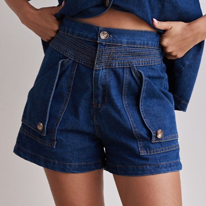 Casual Retro Loose Denim Shirt and Shorts Set