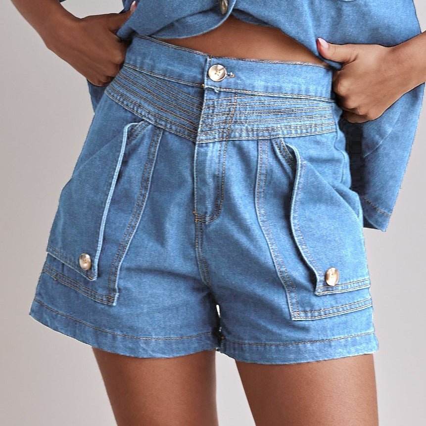 Casual Retro Loose Denim Shirt and Shorts Set