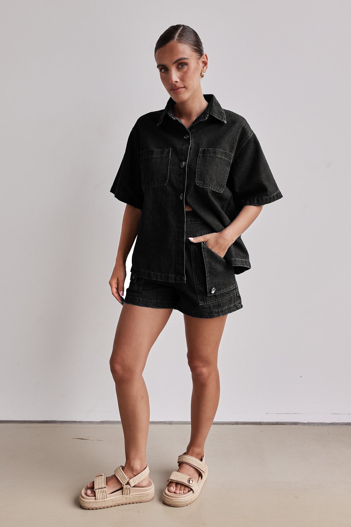 Casual Retro Loose Denim Shirt and Shorts Set