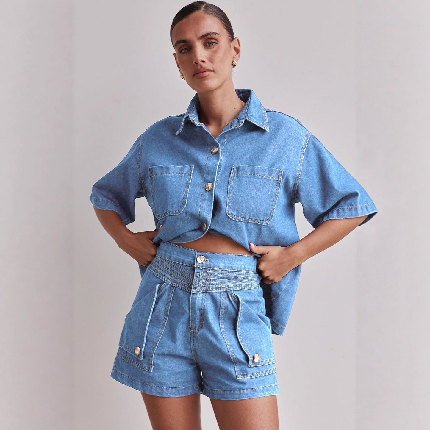 Casual Retro Loose Denim Shirt and Shorts Set