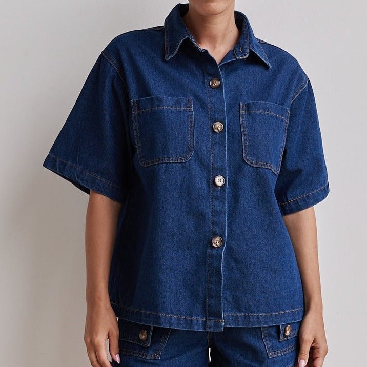 Casual Retro Loose Denim Shirt and Shorts Set