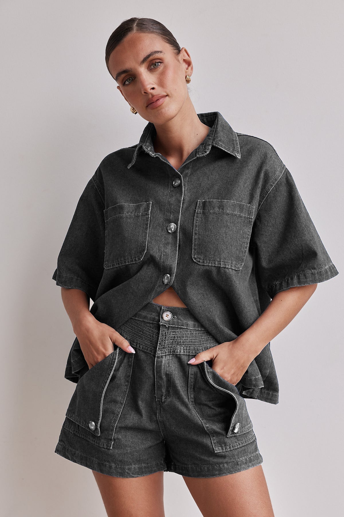 Casual Retro Loose Denim Shirt and Shorts Set