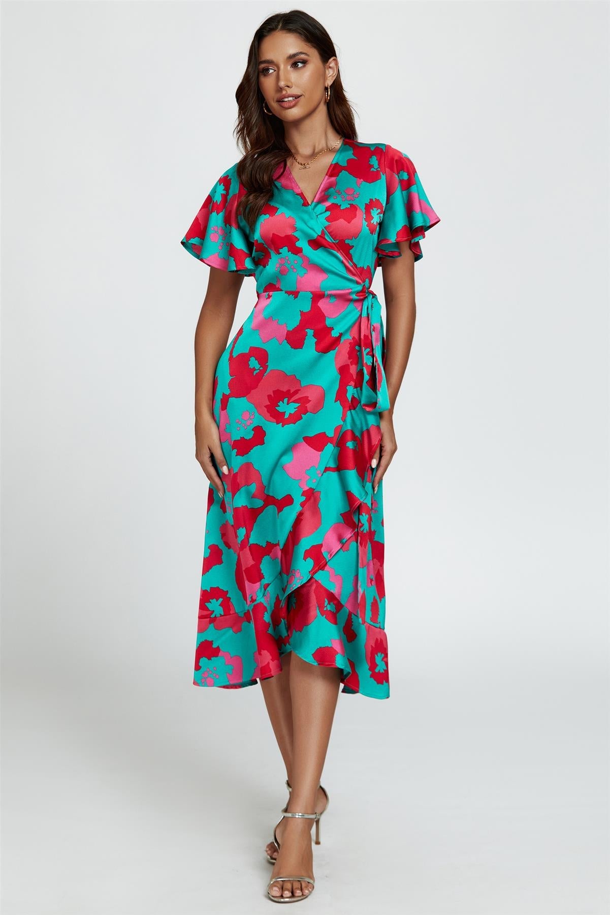 Blue and Pink Leopard Print Angel Sleeve Dress
