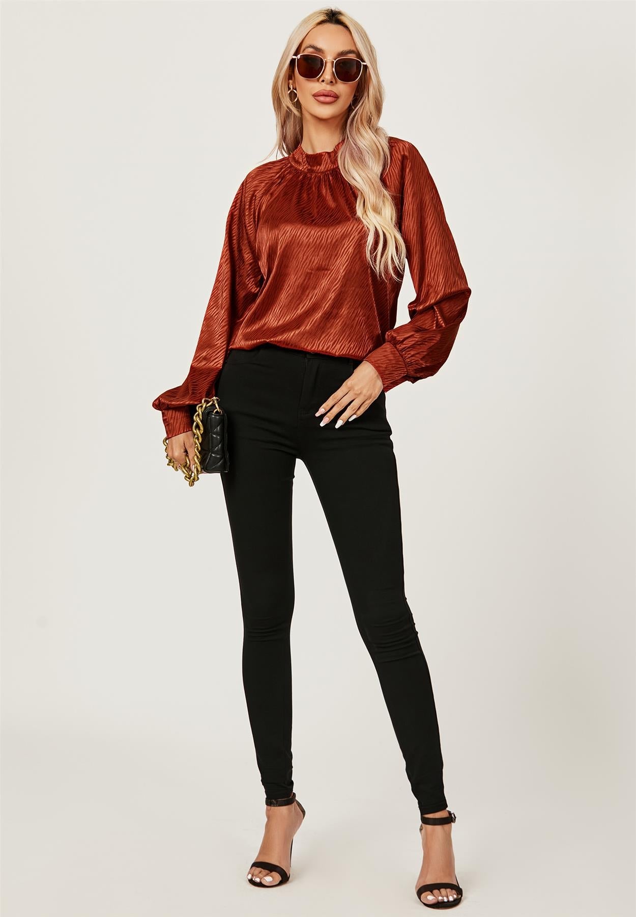 Copper Red Halter Neck Satin Long Sleeve Blouse Top