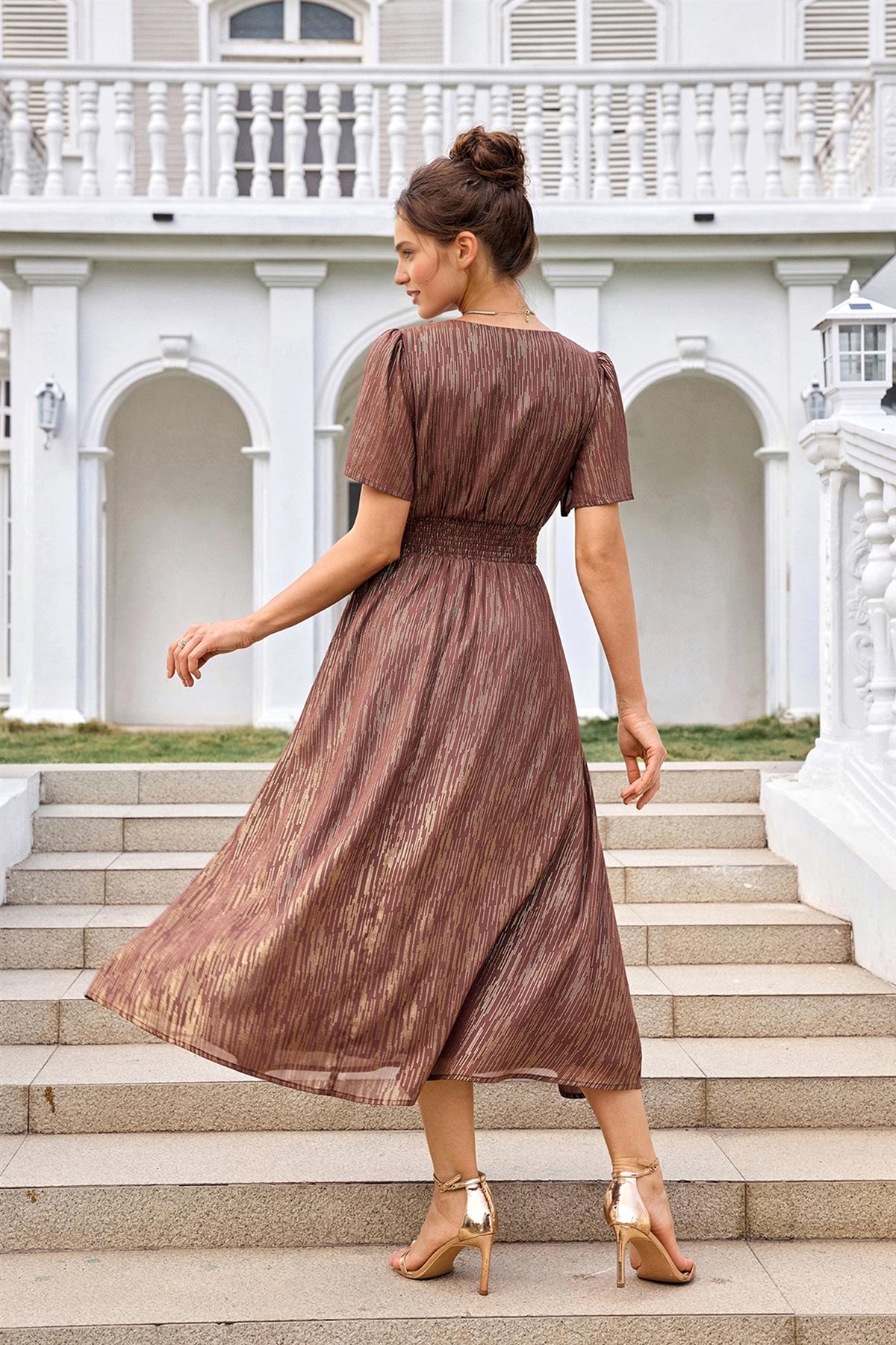 Brown Angel Sleeve Stripe Foil Midi Dress