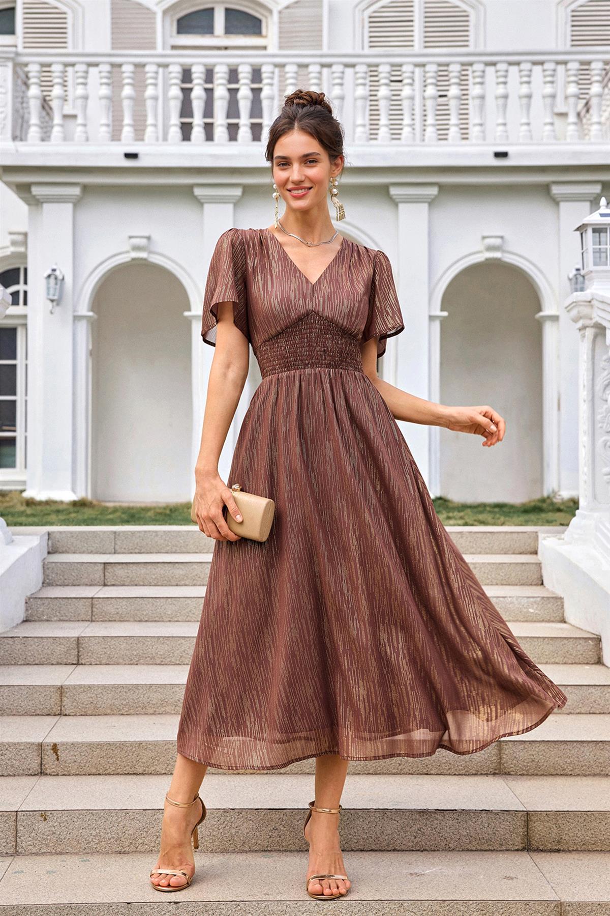 Brown Angel Sleeve Stripe Foil Midi Dress
