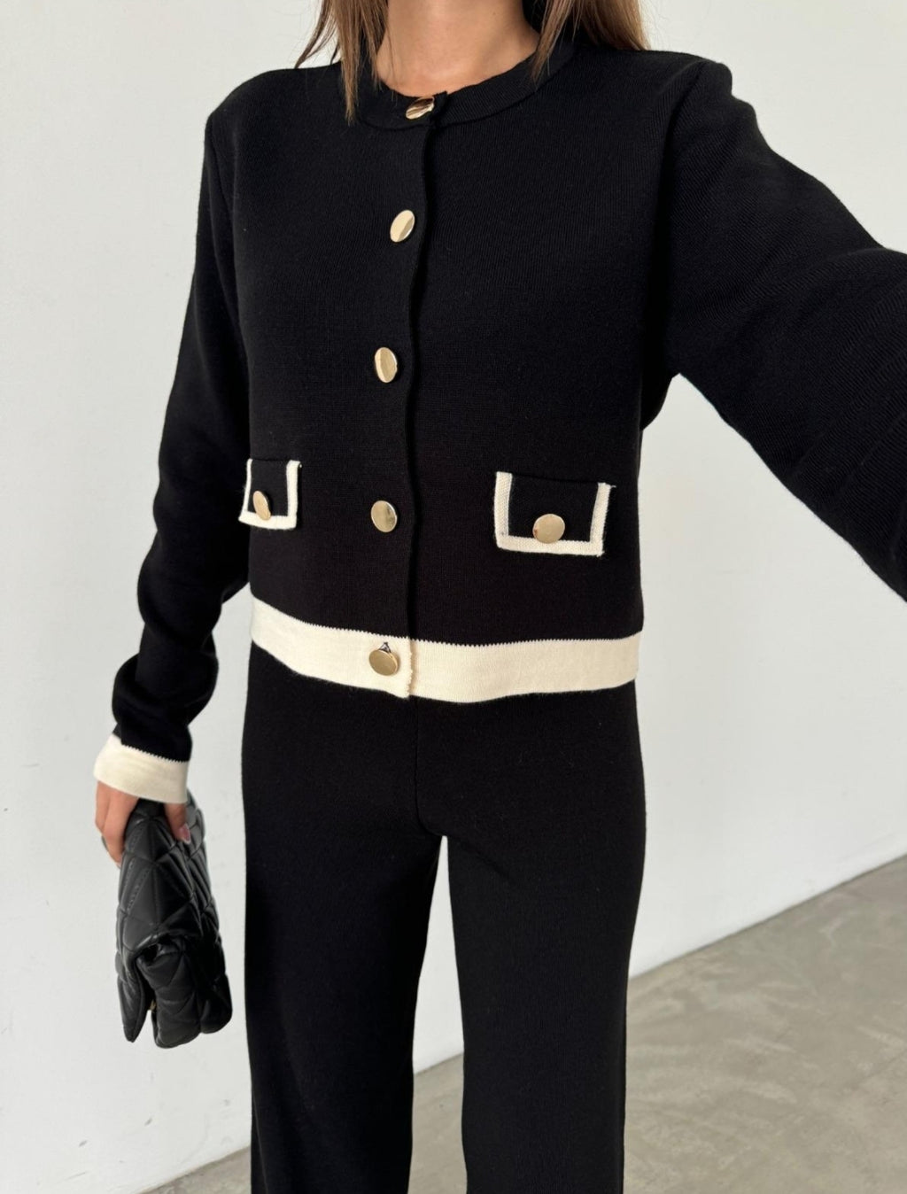 Knitted Co Ord Set with Jacket and Wide Leg Trousers - Black image 5