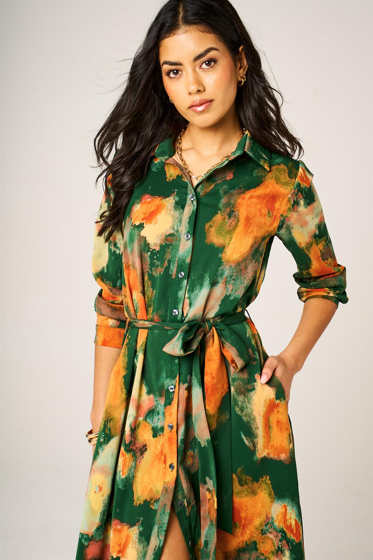 Green Abstract Floral Long Sleeve Belted Shirt Dress