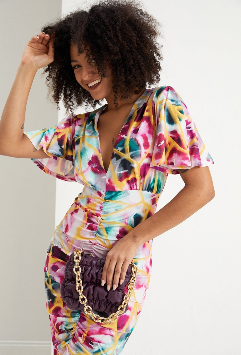 Angel Sleeve Ruffle Drape Style Dress - Print - By Jenerique image 1
