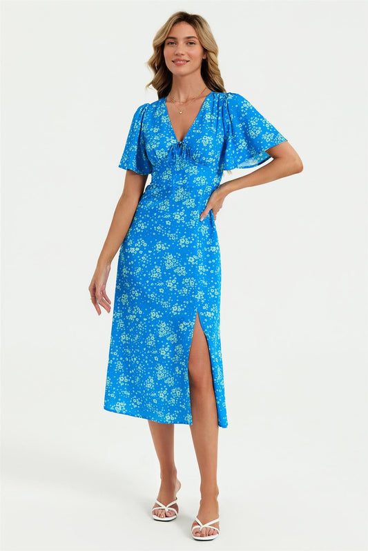 Blue Print Angel Sleeve Midi Dress
