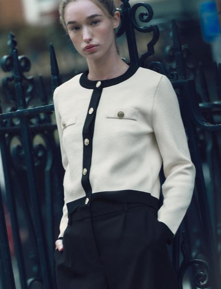 Round Neck Colour Contrast Soft Knit Cardigan - Ecru/Black  image 2