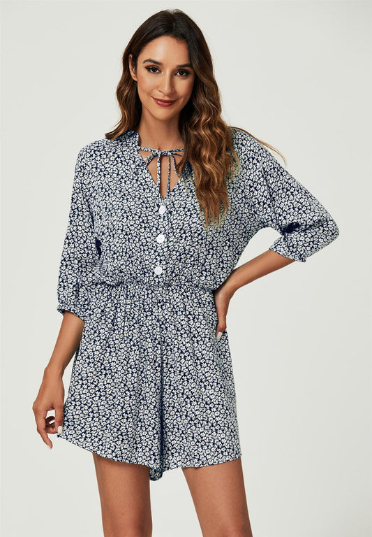 Navy Daisy Floral Print Boho Playsuit