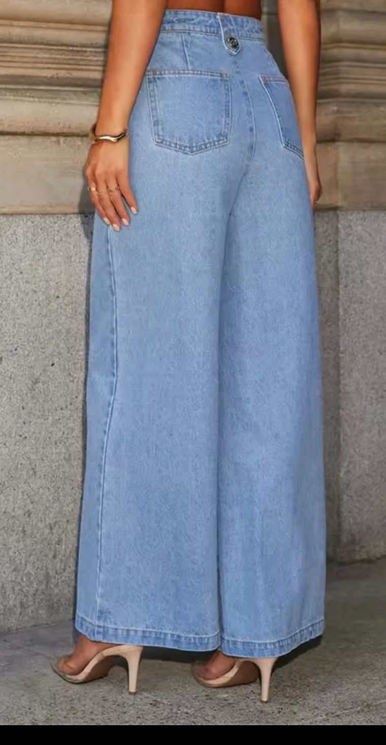 Button Detail Wide Leg Denims  image 1