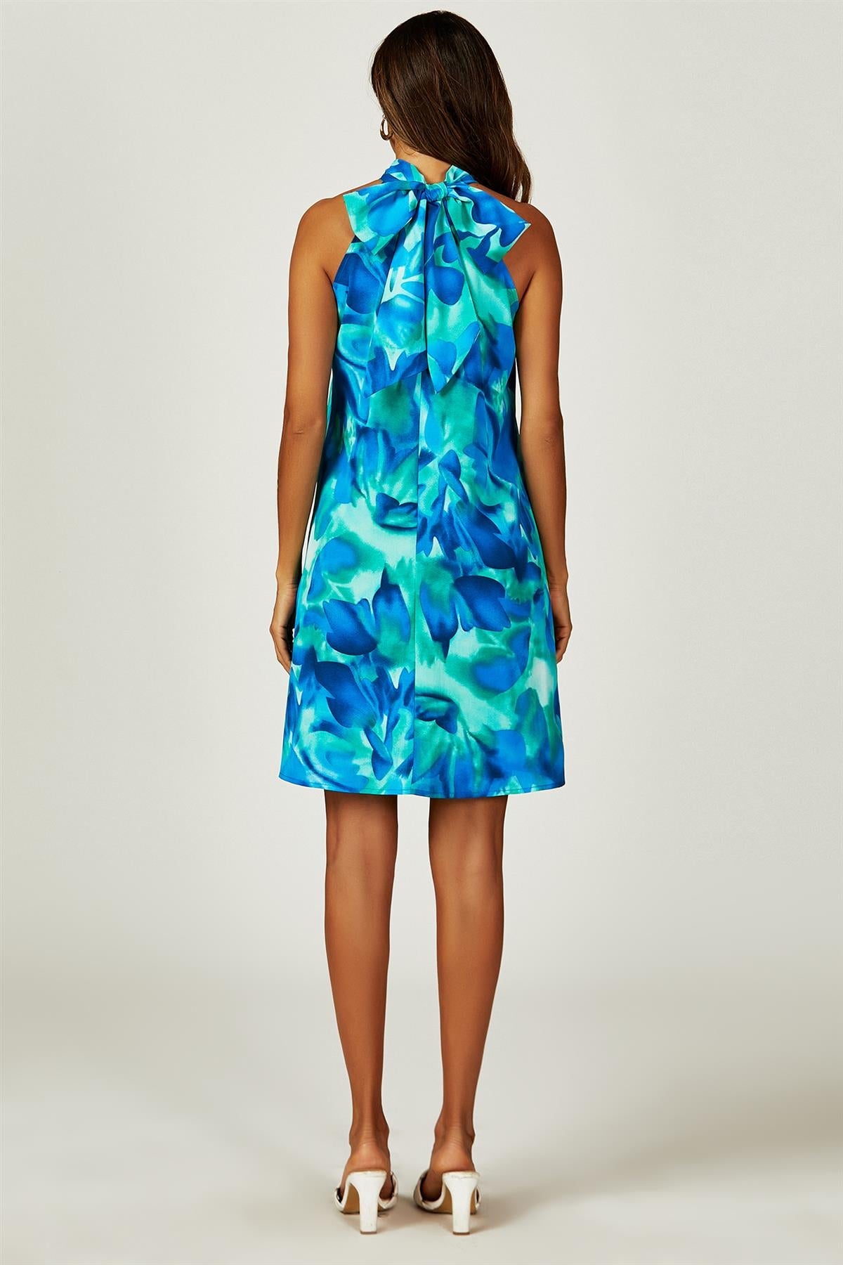 Blue Abstract Print Halter Neck Tie Back Dress