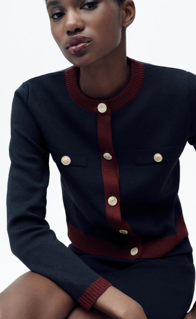 Round Neck Colour Contrast Soft Knit Cardigan - Navy/Burgundy  image 4