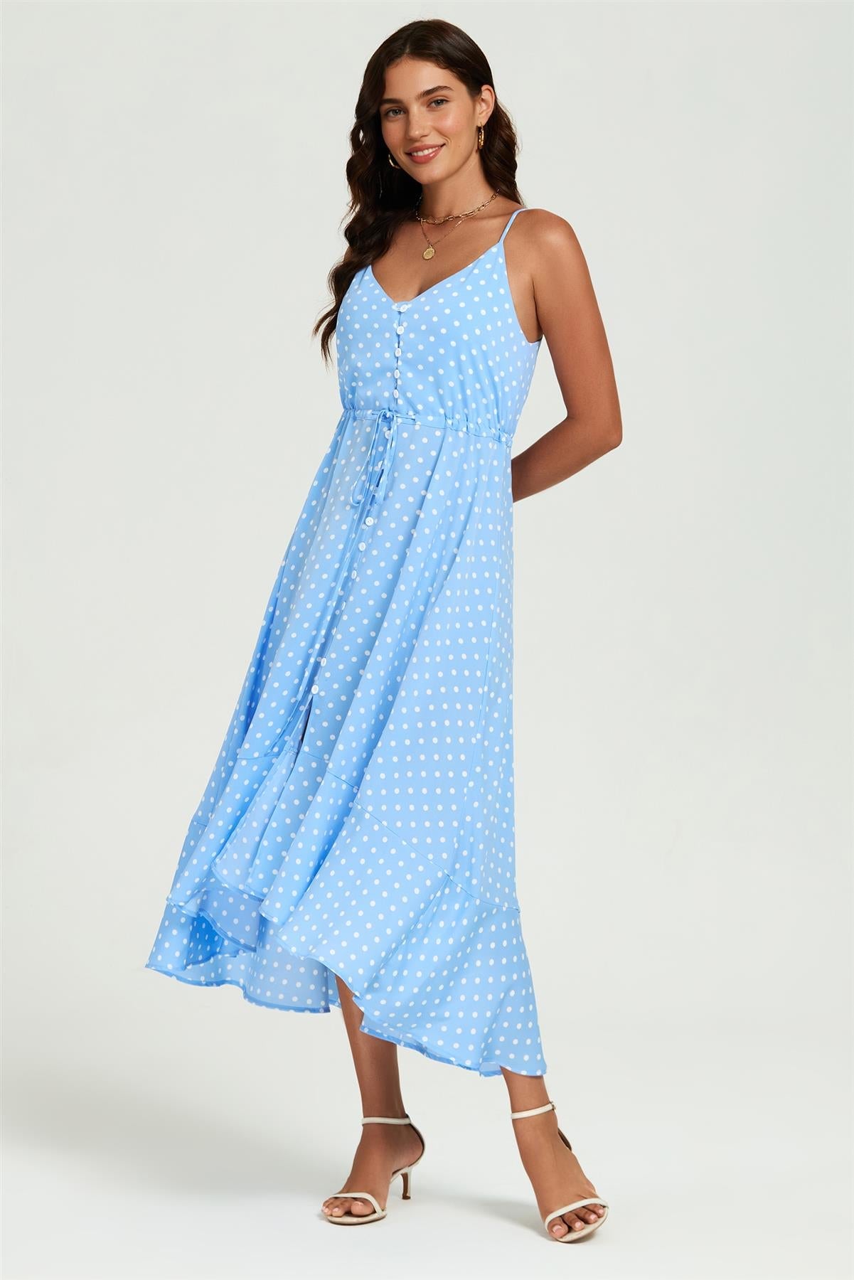 Light Blue Dot Print High Low Dress