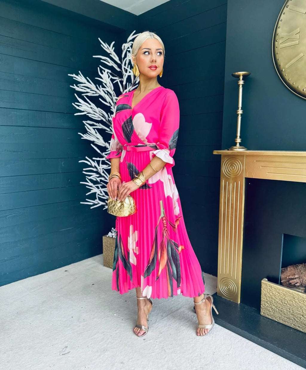 Floral Pleated Belted Midi Dress in Fuchsia image 1