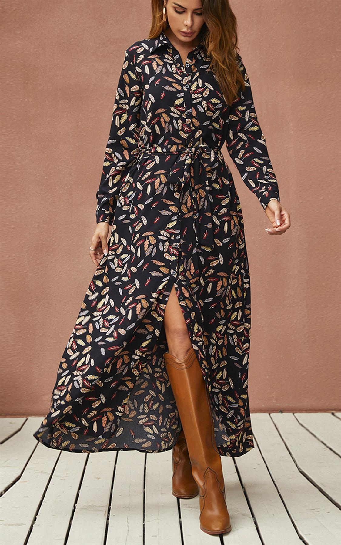 Black Leaf Print Shirt Dress With Tie Waist and Gold Stretch Leaf Belt