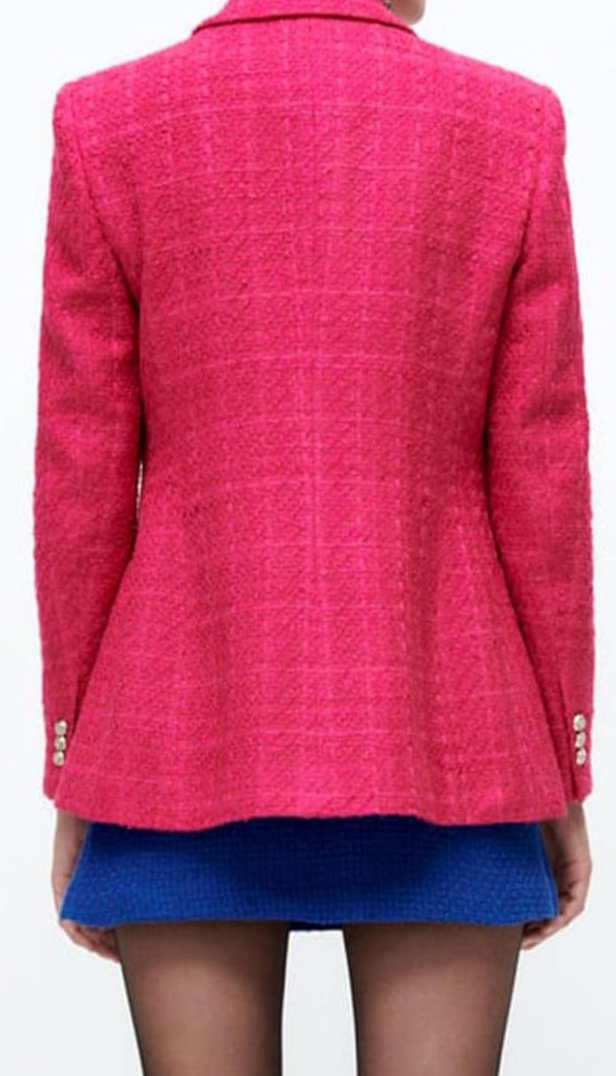 Silver Button Tweed Textured Double Breast Blazer -Raspberry image 4