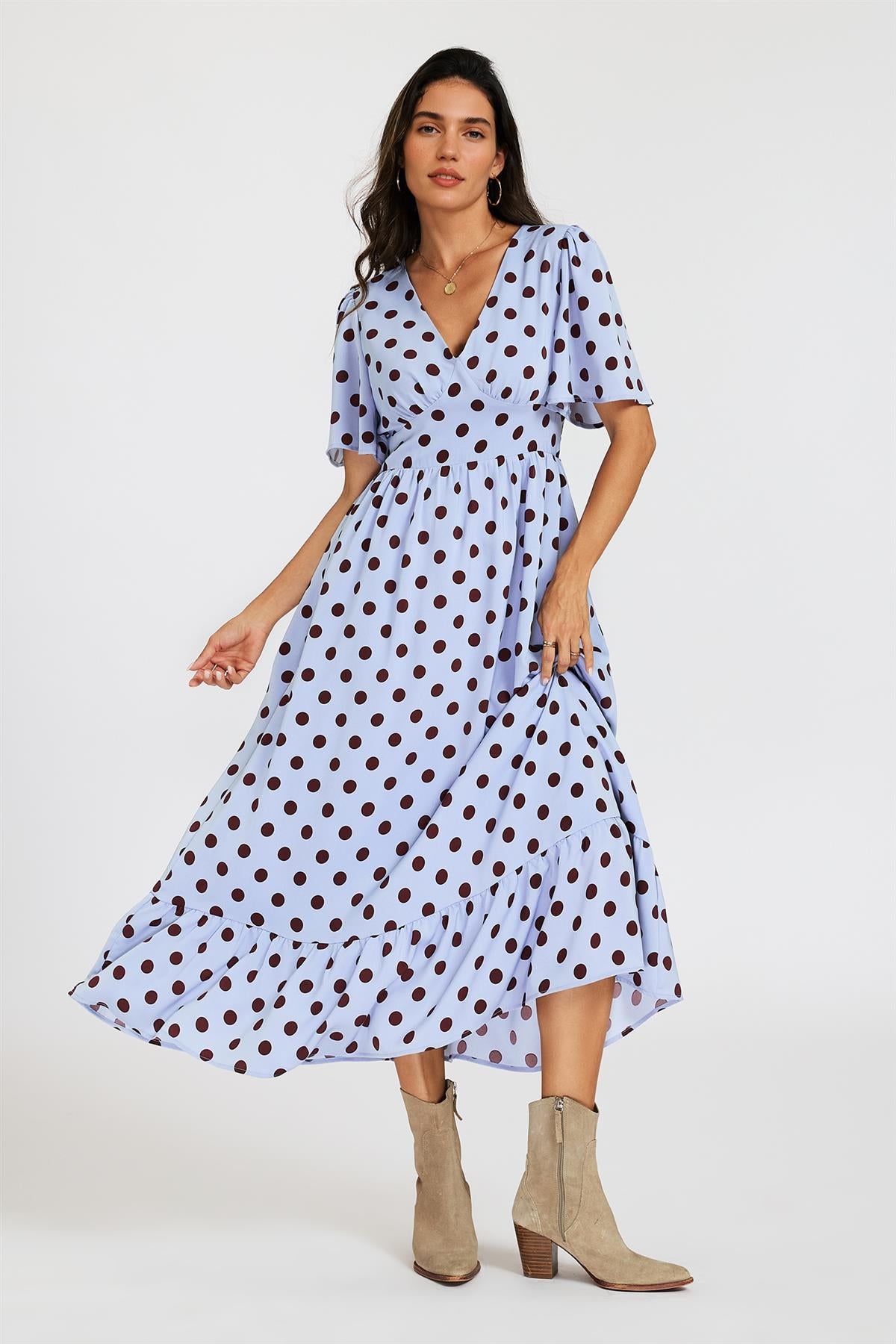 Blue Polka Dot Print Angel Sleeve Frill Hem Midi Dress