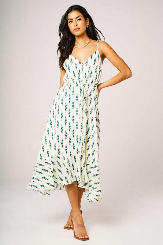 Green Leaf Print Button Down High Low Strappy Dress