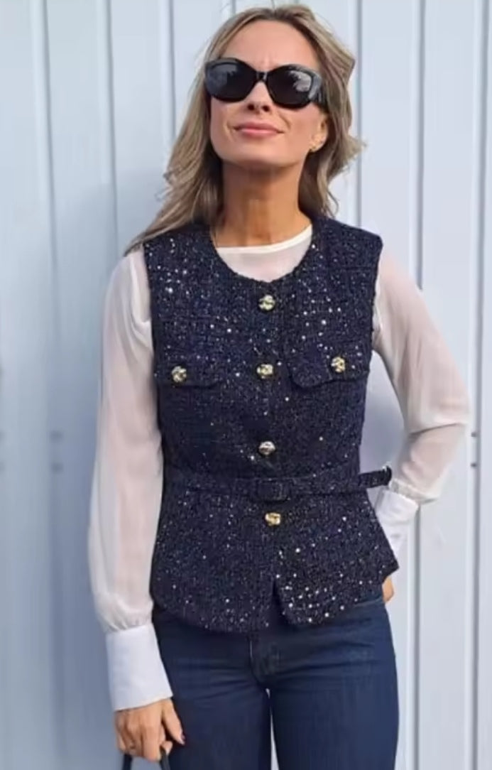 Navy Tweed Embellished Waistcoat image 3