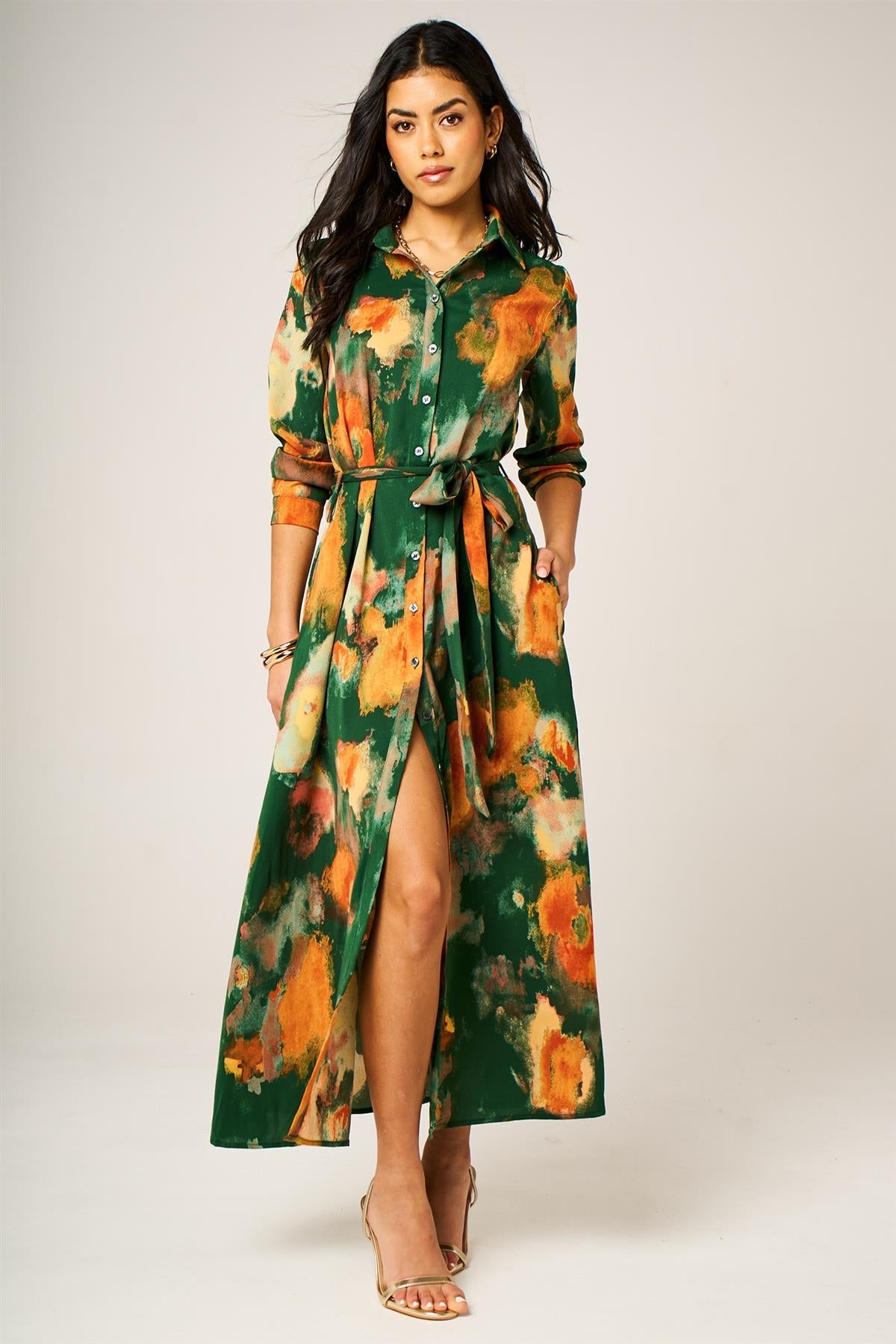 Green Abstract Floral Long Sleeve Belted Shirt Dress