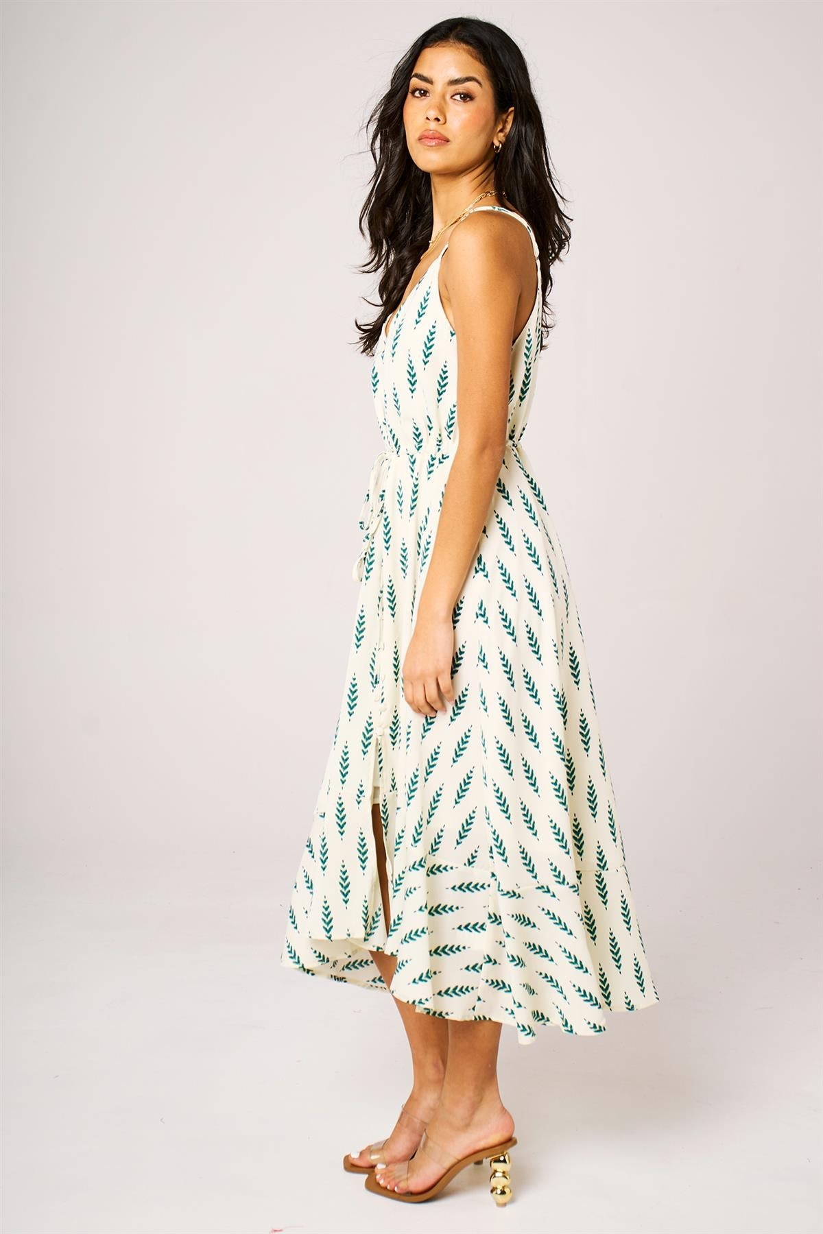 Green Leaf Print Button Down High Low Strappy Dress