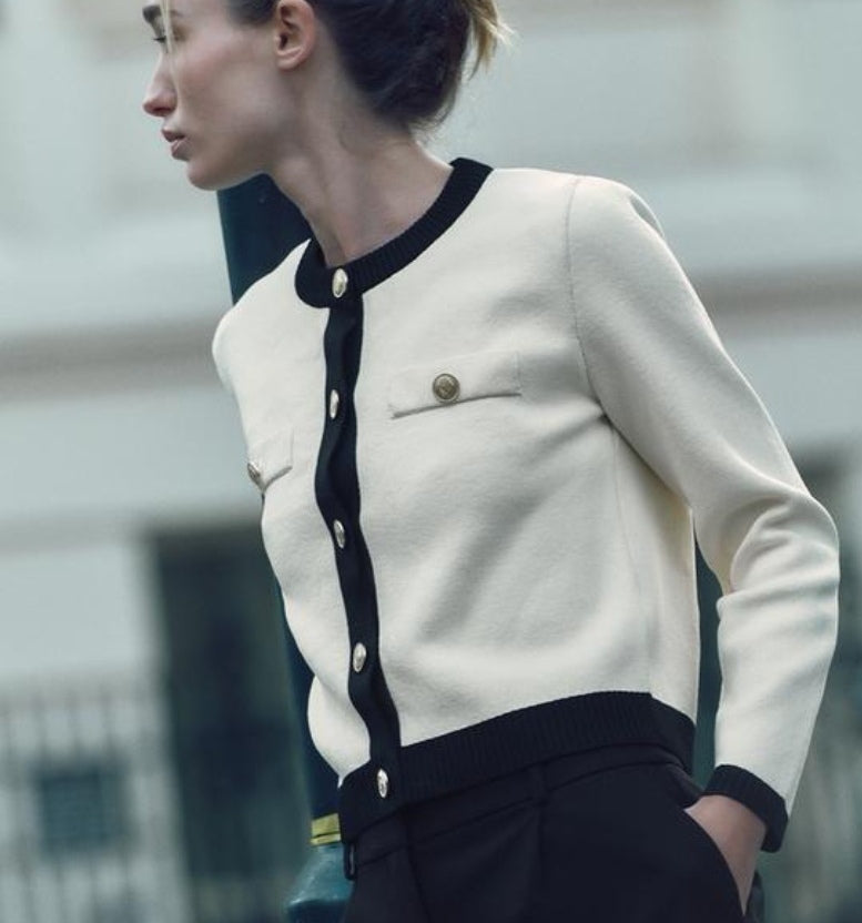 Round Neck Colour Contrast Soft Knit Cardigan - Ecru/Black  image 3