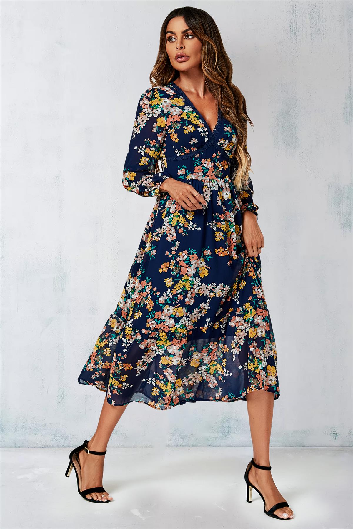 Navy Floral Print Long Sleeve Maxi Dress