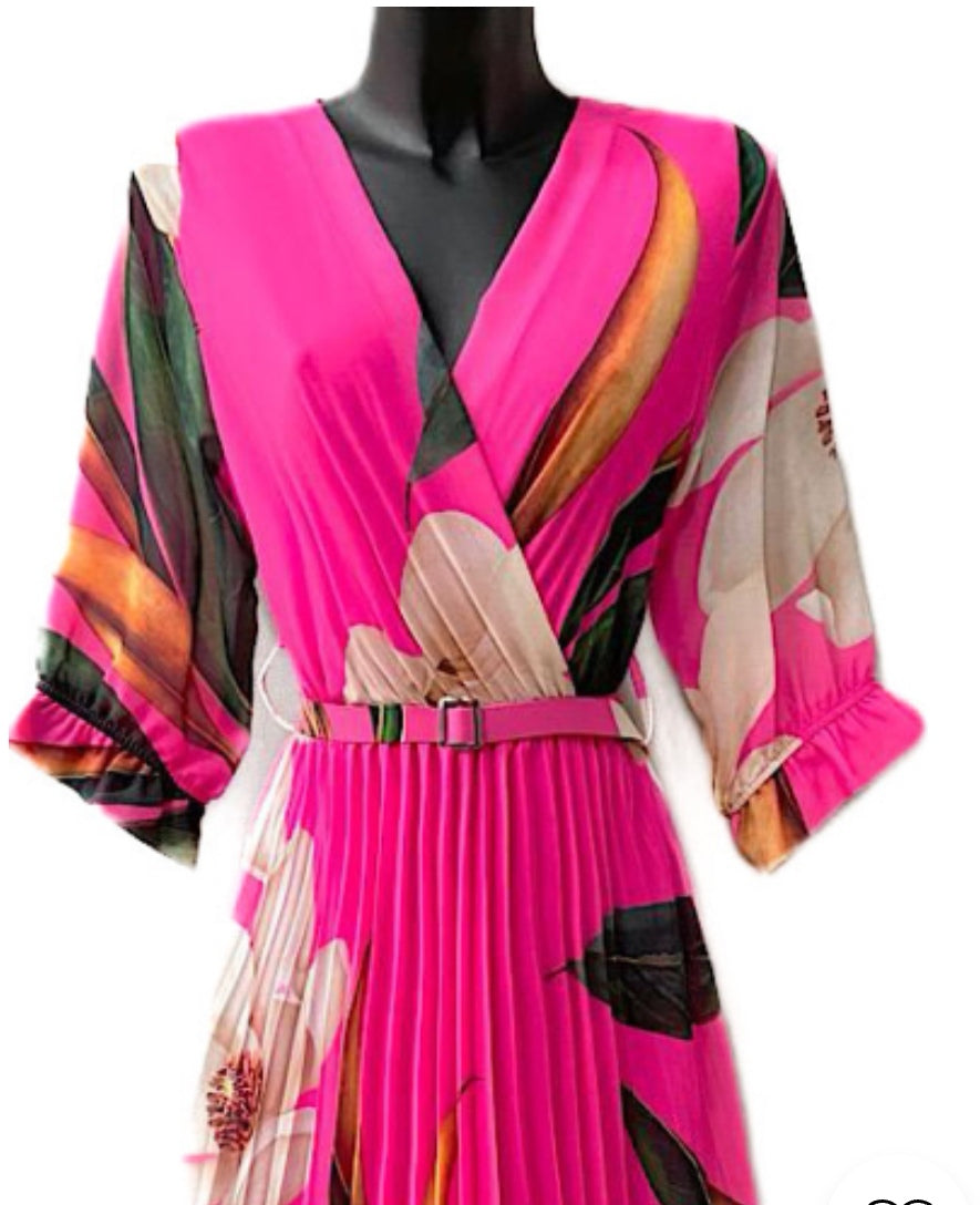 Floral Pleated Belted Midi Dress in Fuchsia image 2