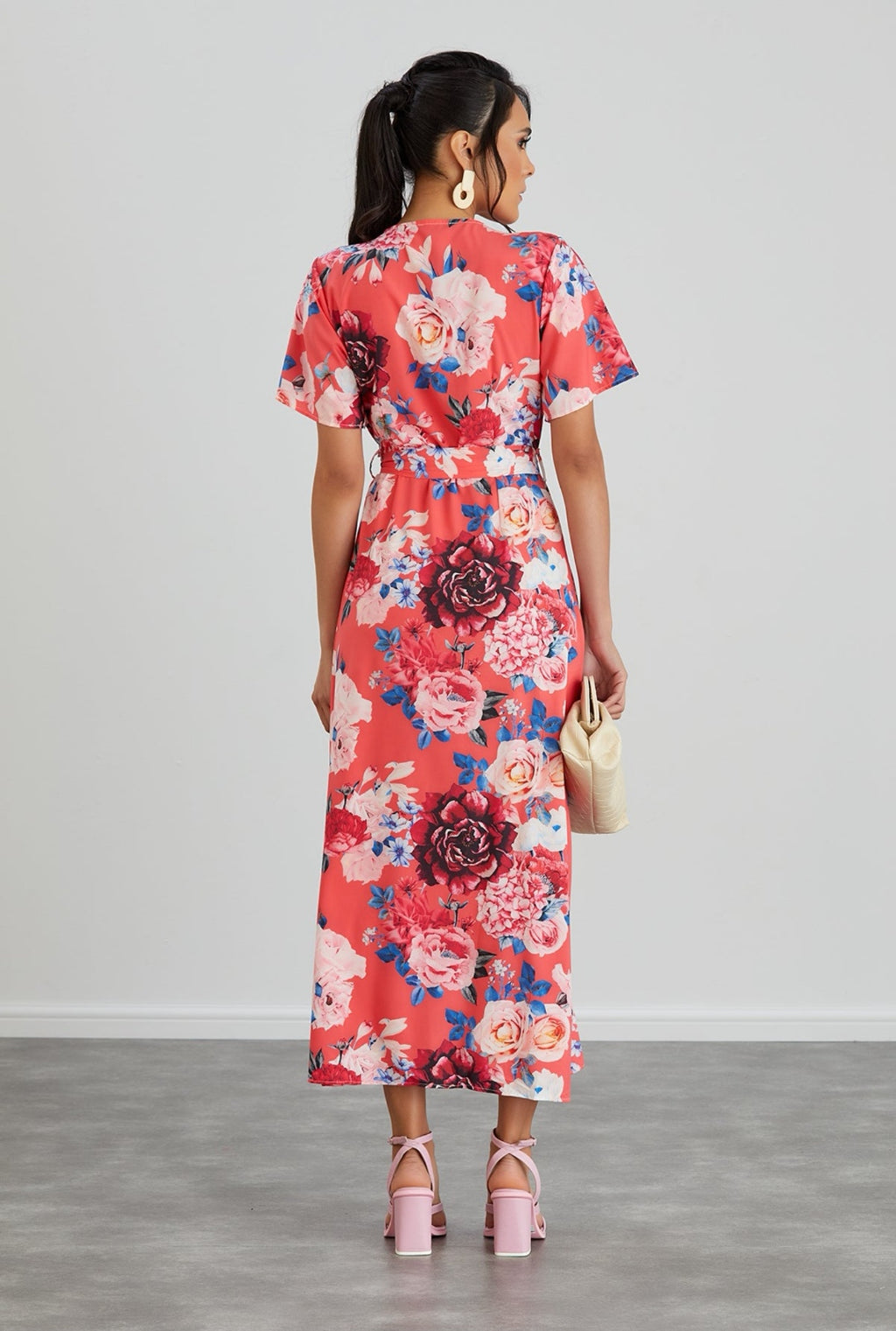 Wrap Midi Dress with Frill Skirt - Coral Floral - By Jenerique image 4