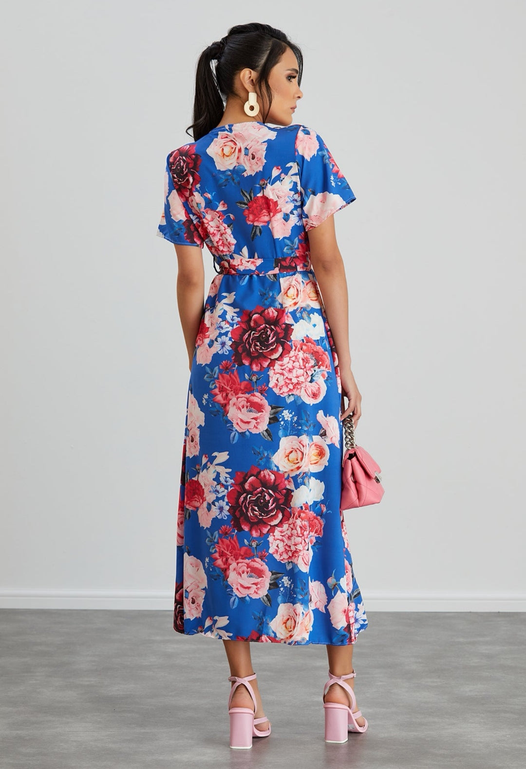 Wrap Midi Dress with Frill Skirt - Blue Floral - By Jenerique image 4