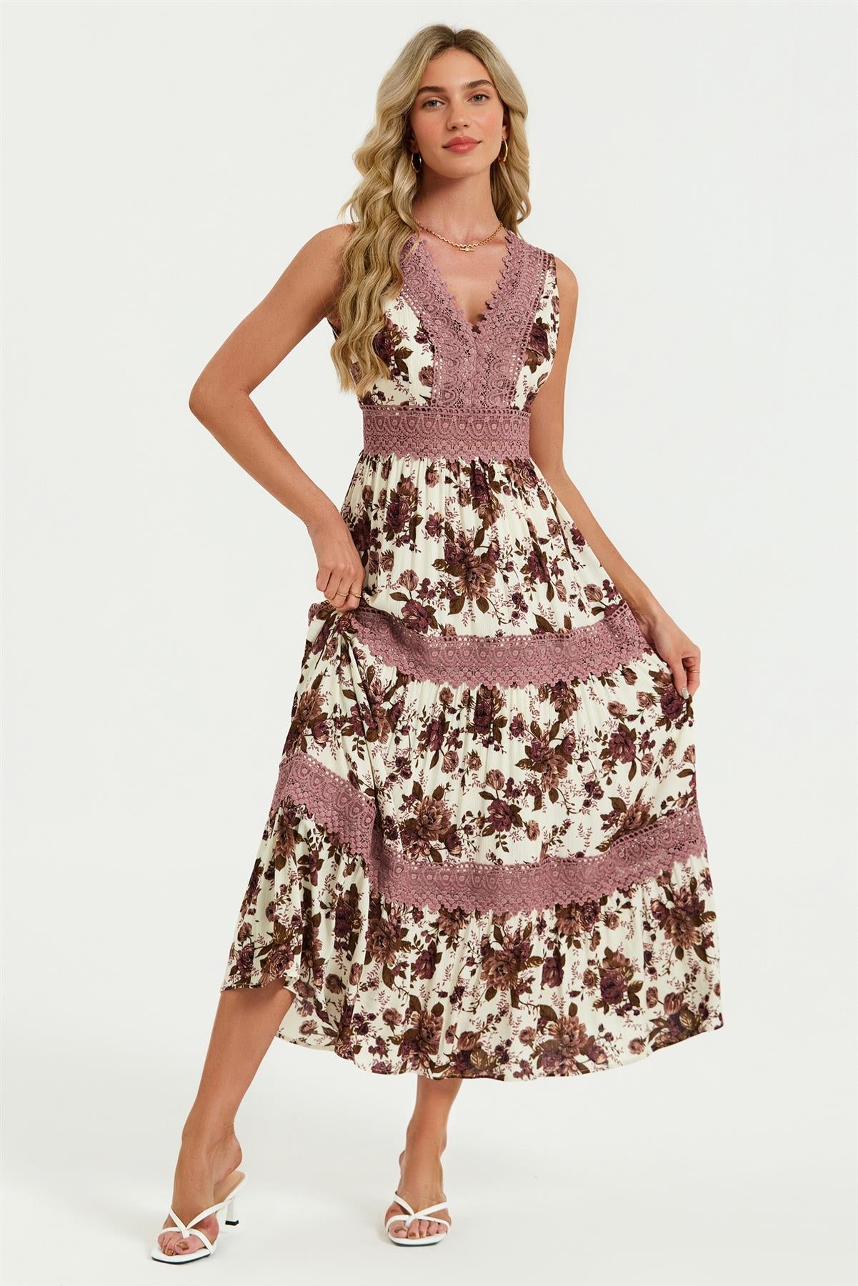 Off-White Floral Lace Maxi Dress