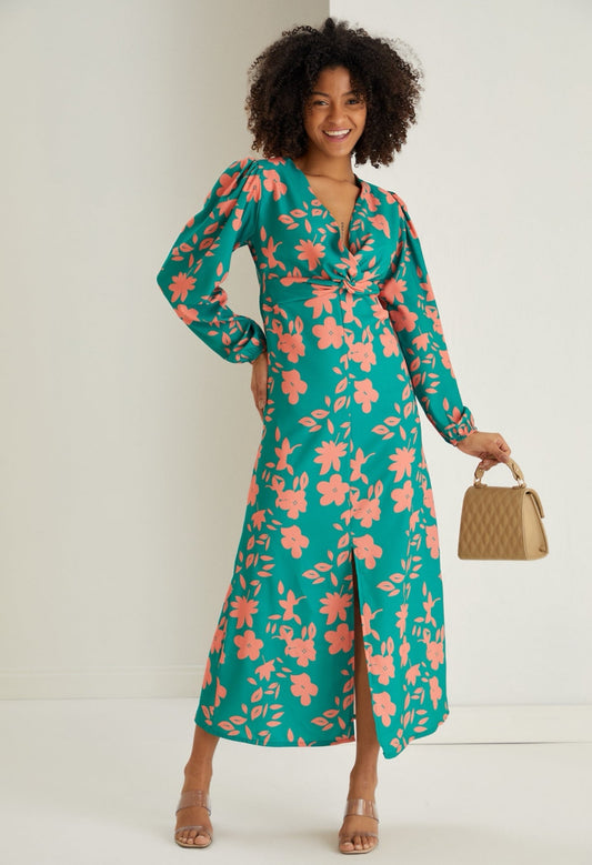 Twist Knot Midi Dress with Slit - Green Floral - By Jenerique image 0